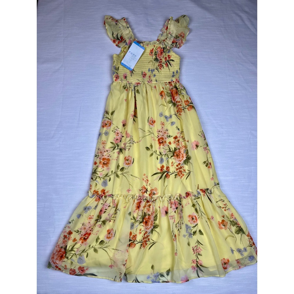 Rare Editions Girls Yellow Floral Smocked Maxi Dress Ruffle Sleeve Size 6 6X NEW